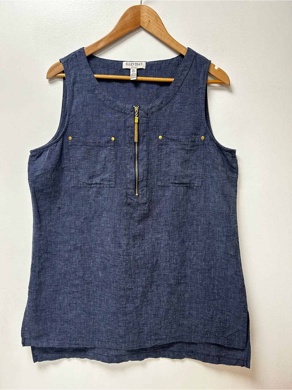 Ellen Tracy Women’s Linen Cotton Blend Sleeveless Zip Top Navy Blue Size Large